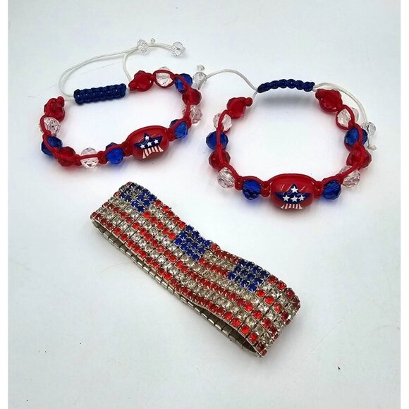 Unbranded Jewelry - 4th of July Glass Bead & Crystal Bracelets Red White Blue Flag Jewelry Set of 3
